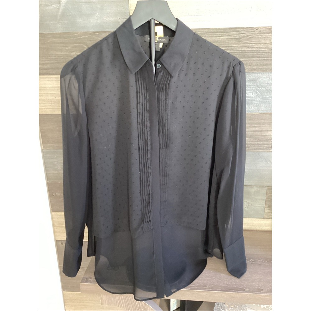 Banana‎ Republic Womens Black Sheer Polka Dot Blouse Button Front Long Sleeve